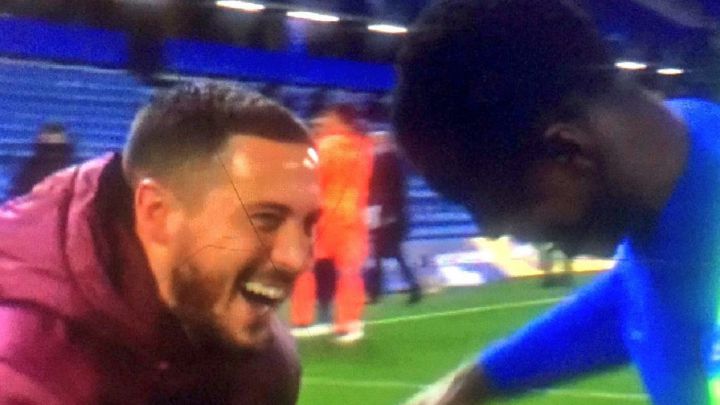 Eden Hazard laughing with his Chelsea teammates