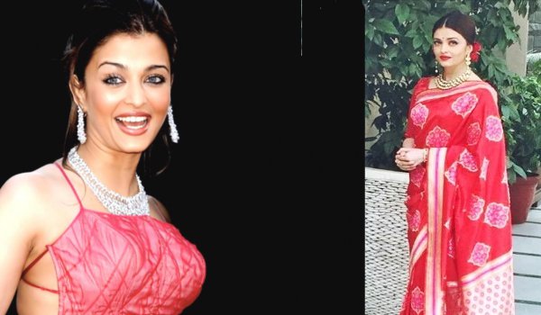 aishwarya rai bachchan elegant in a red sari to meet french president francois hollande