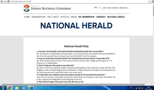 national herald case : congress defends gandhi's posts faqs on website