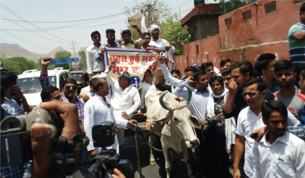 बैलगाडी पर निकाली मोदी सरकार के पुतले की शव यात्रा