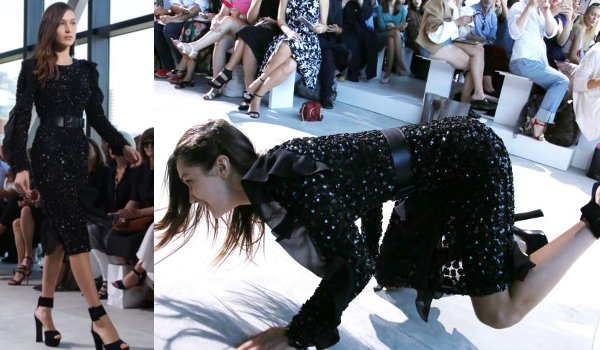 मॉडल बेला हदीद न्यूयार्क फैशन वीक रनवे पर गिरी