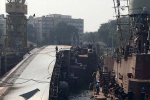 ins betwa undergoing refit at naval dockyard mumbai slipped on dock blocks