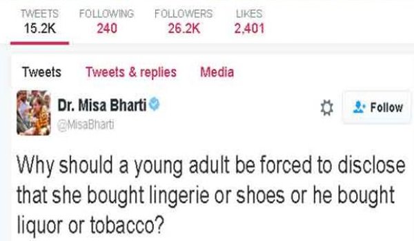 मीसा यादव ने सरकार से पूछा, कोई क्यों बताए अंत:वस्त्र खरीद रहा है या जूते
