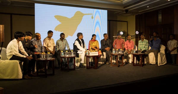 Kailash ji with relatives of victims who spoke at the launch of the Yatra