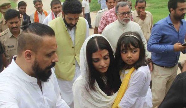Aishwarya Rai bachchan visits allahabad to immeres her late father's ashes, abhishek-aaradhya accompany