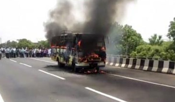 rajasthan roadways bus catches fire in Dausa