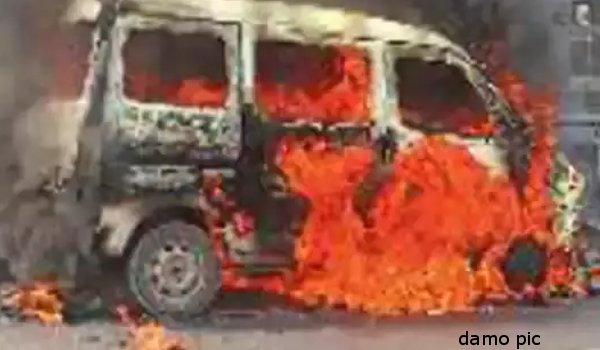 eeco van fired after truck collision in rajkot