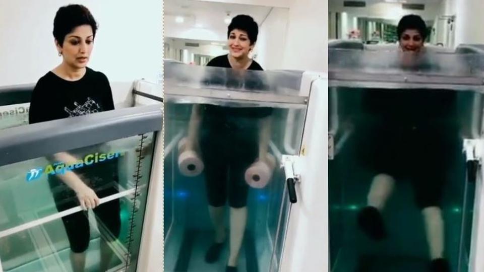 Sonali Bendre during her aqua therapy training session